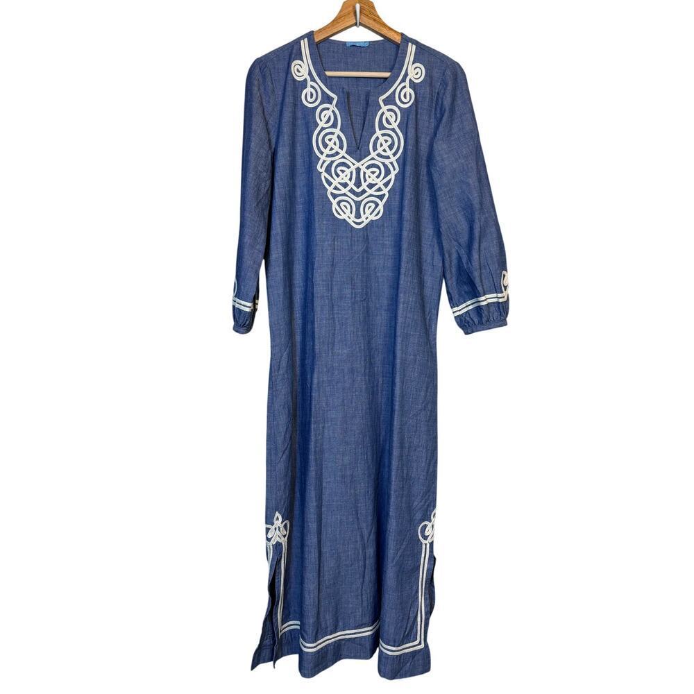J McLaughlin Pansy Chambray Tunic Midi Dress XS Embroidered Side Slits Coastal - Picture 2 of 13